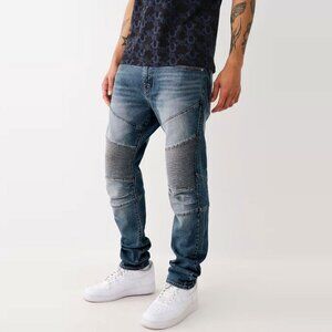 True Religion Mens Rocco Moto Skinny Jeans Stretch Designer Blue Denim Sz 44 NEW